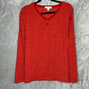 Coldwater Creek XL Shirt Top Red Striped Long Sleeve V Neck Stretch Metallic